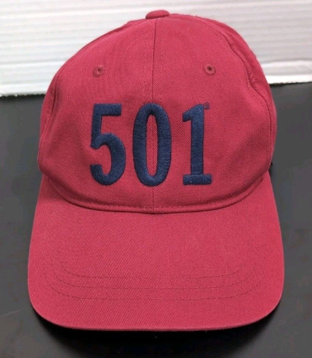VINTAGE LEVI'S 501 CAP/HAT LEATHER ADJUSTABLE STRAP   RED W/NAVY LOGO  EVC